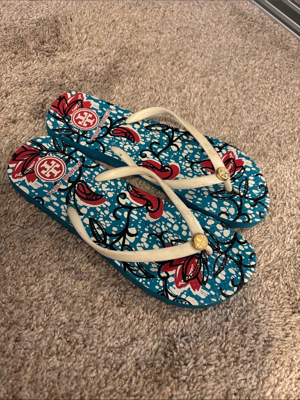 Tory Burch Teal Floral Flip Flops with Ivory Straps and Red Accents 8